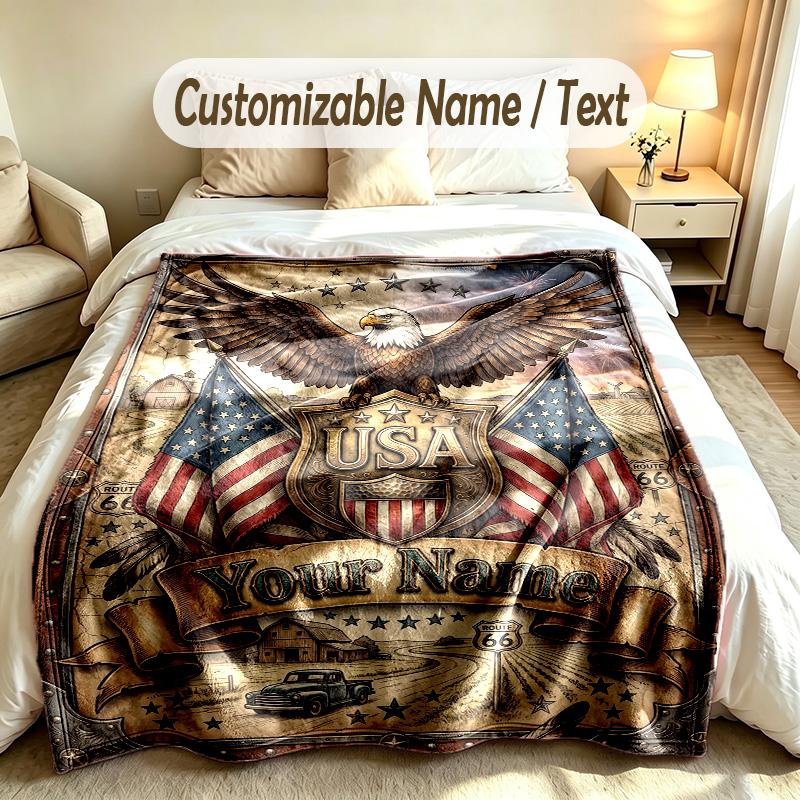 American Patriotic Theme Custom Blanket Personalized Name & Text Customized Soft Warm Throw Blanket Home Decor