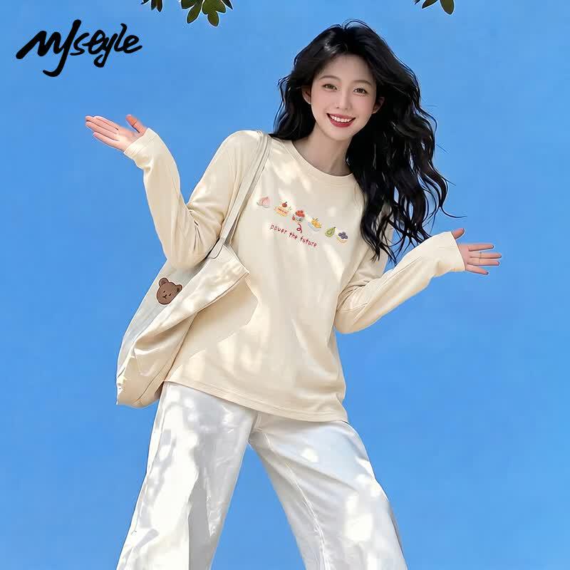 MJ STYLE Women's Cotton Long Sleeve Graphic T-Shirt