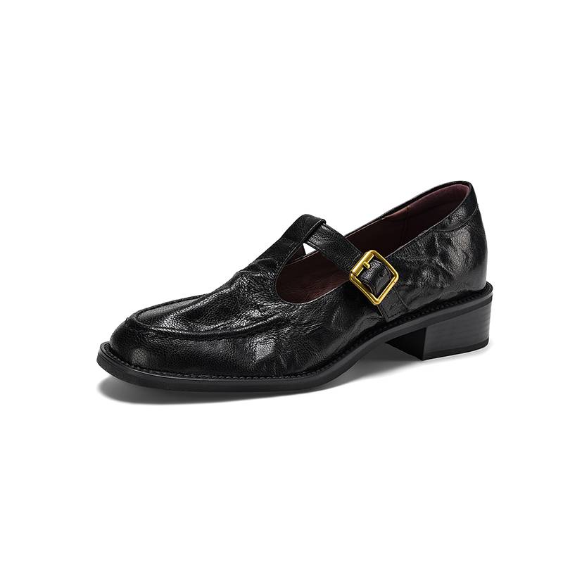 Krazing Pot Sheepskin Round Toe Thick Med Heels Spring Shoes Slip on Big Size 42 Loafers Women Metal Buckle Pleated Pumps