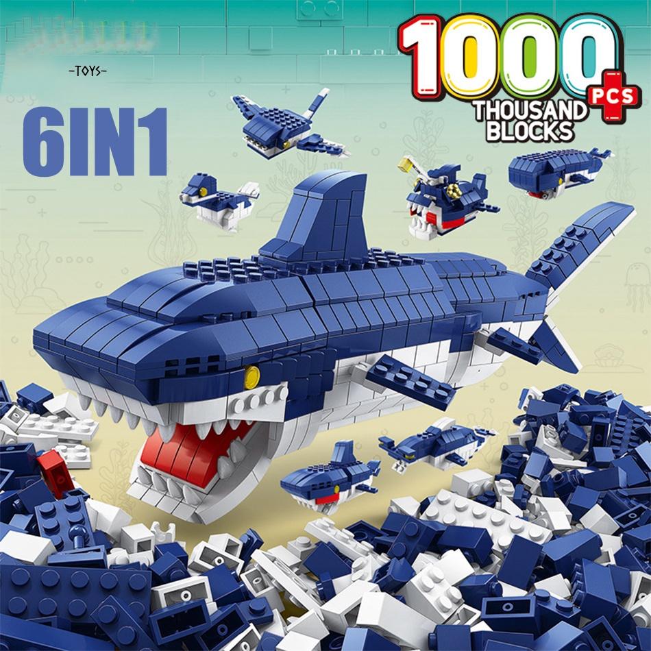 1000 Stück 6 in 1 Ozeanhaie Meereswelt Bausteine Unterwassertiere Wale Seepferdchen Kreation Ziegelsteine Pädagogisches Spielzeug für Kinder