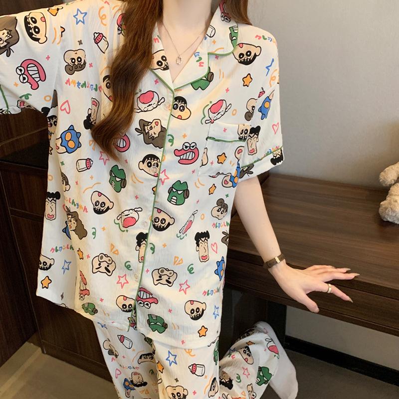 Mengqu Cartoon Cloud Cotton Pajamas Women'S Summer Short-Sleeved Trousers Set Loungewear
