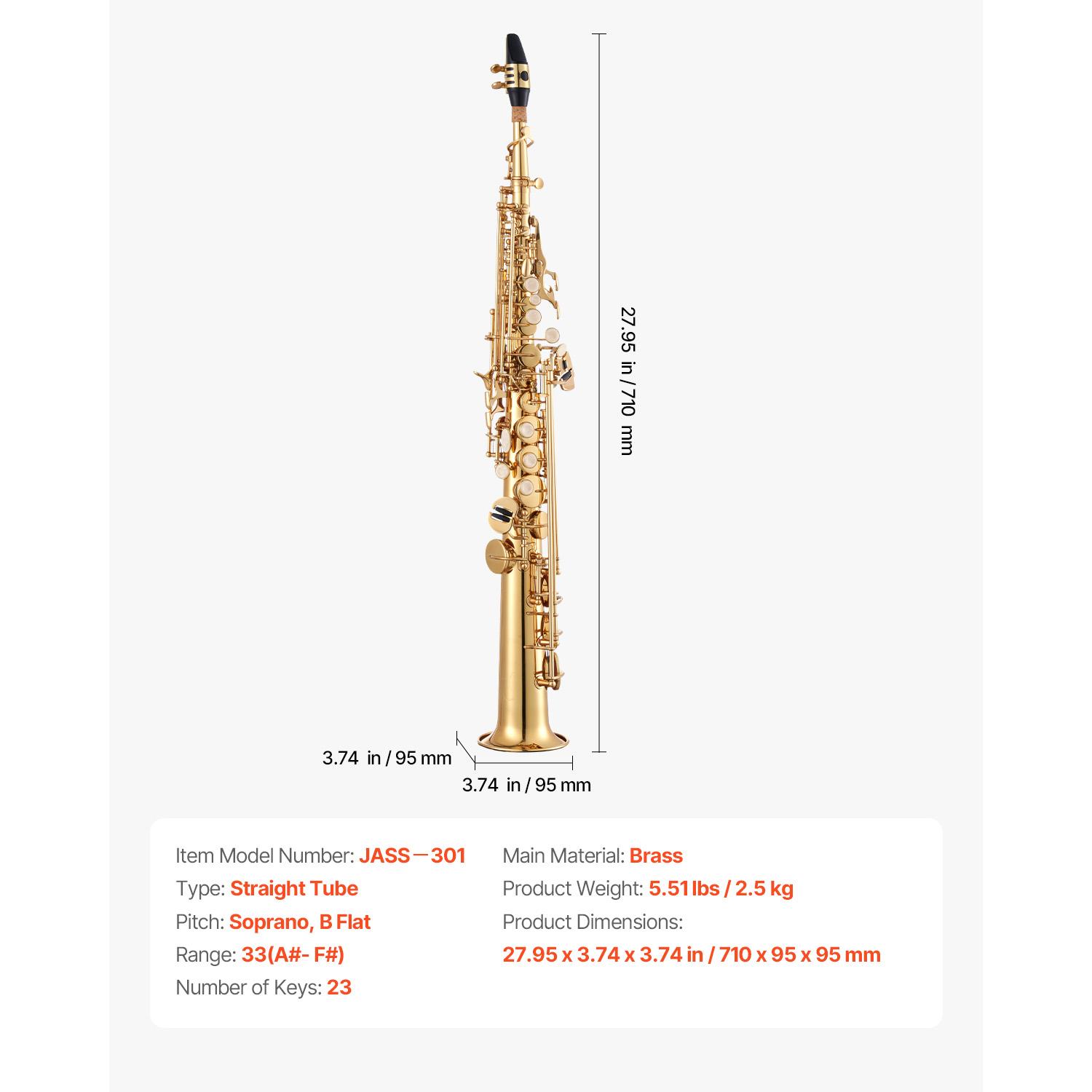 SucceBuy Прямой латунный саксофон-сопрано, строй Си-бемоль, 23 клапана, мундштук, стержень для чистки, перчатки, шейный ремень, набор для начинающих