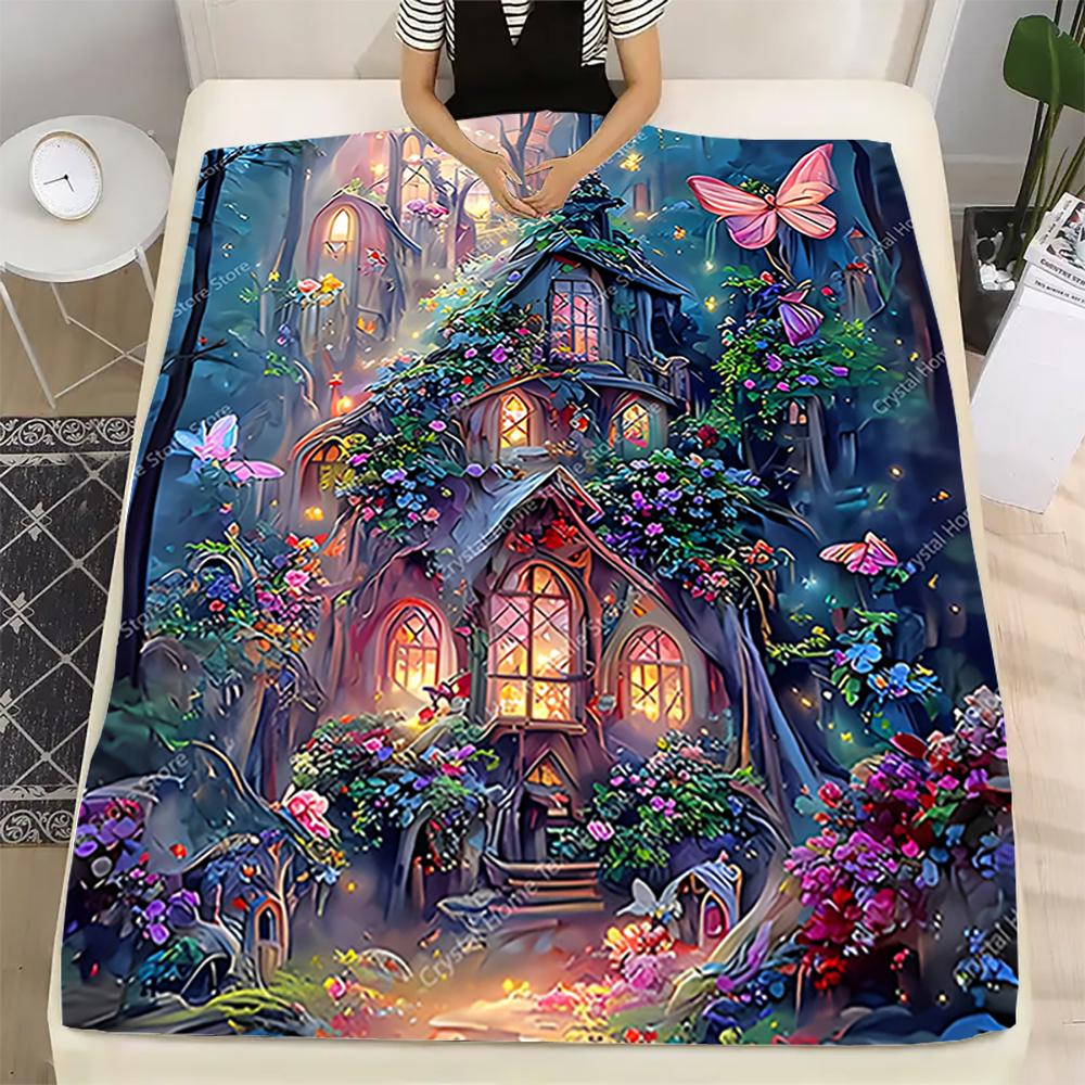 Flannel Enchanted Castle Pattern Blanket 3D Print,Soft Fleece Throw Blanket for Sofa Bed Travel Camping,Office Couch Chair Bed