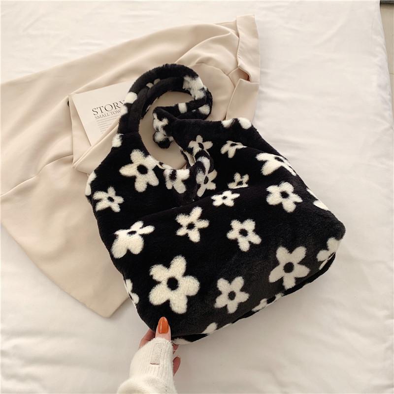 Stylish Black Floral Plush Tote Bag For Women 2023 Fashionable Large Capacity Handbag Floral Black