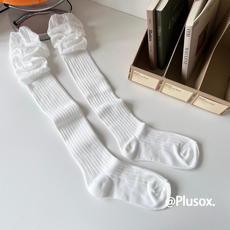 Lazy Style Over-the-Knee Women's Socks: Autumn/Winter White & Grey Scrunch, Thigh-High, Calf Boot Socks, Cotton, Japanese JK Style.