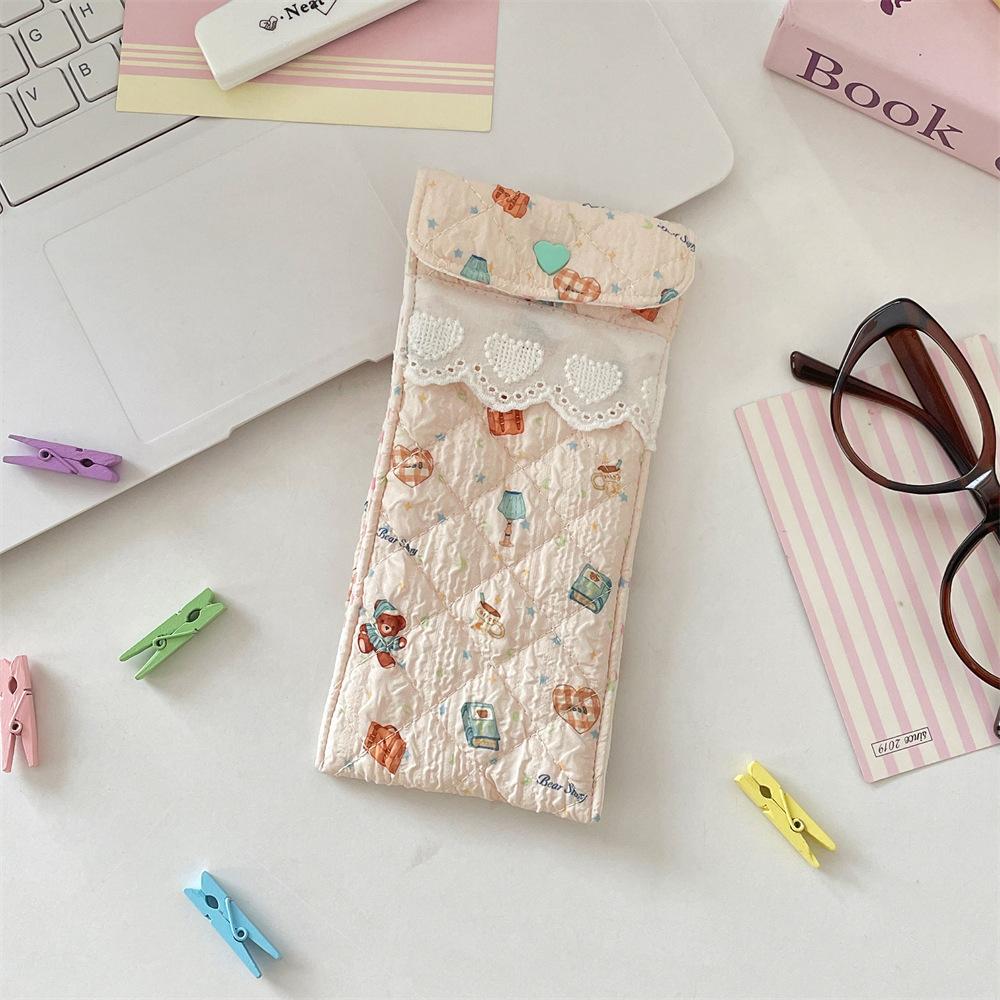 Kawaii Quilted Glasses Bag Cute Cartoon Eyeglasses Pouch Soft Cotton Sunglasses Case With Heart Button Lace For Women Girls