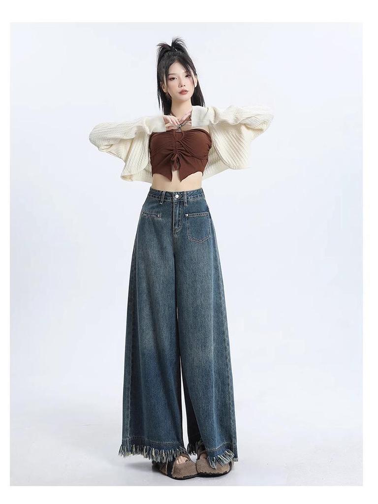 Autumn 2024 Women's High Waist Wide-Leg Retro Frayed Jeans