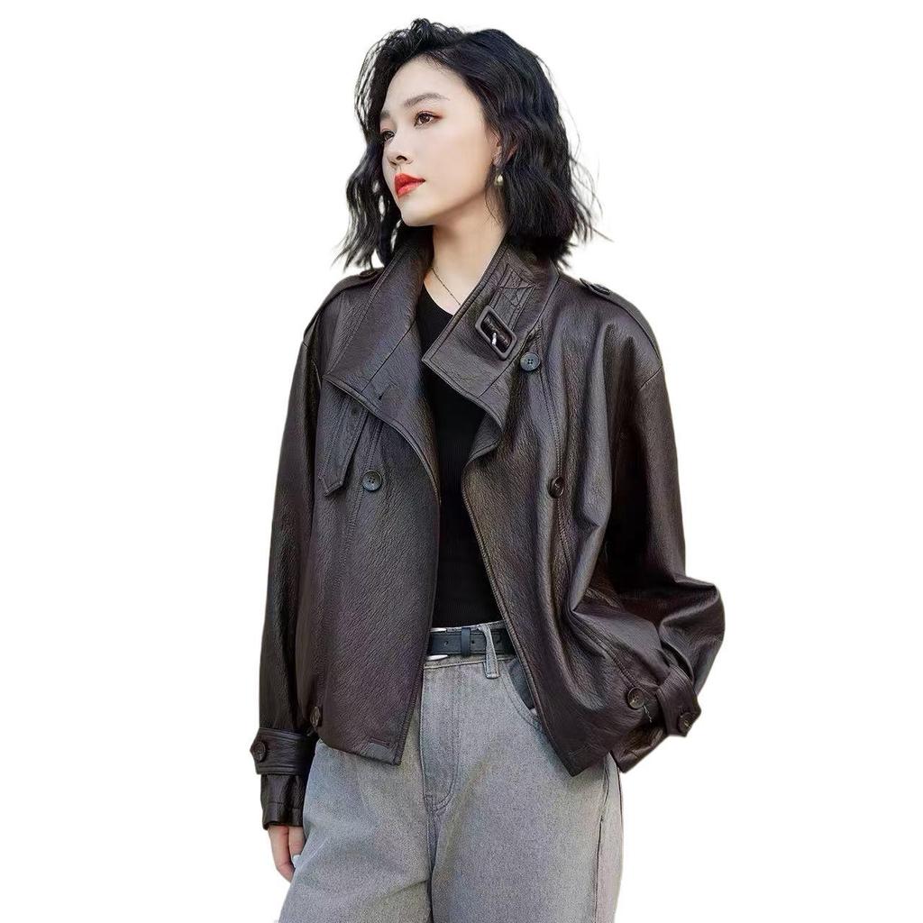 Women's 2025 Autumn American Style Stand Collar Leather Motorcycle Jacket