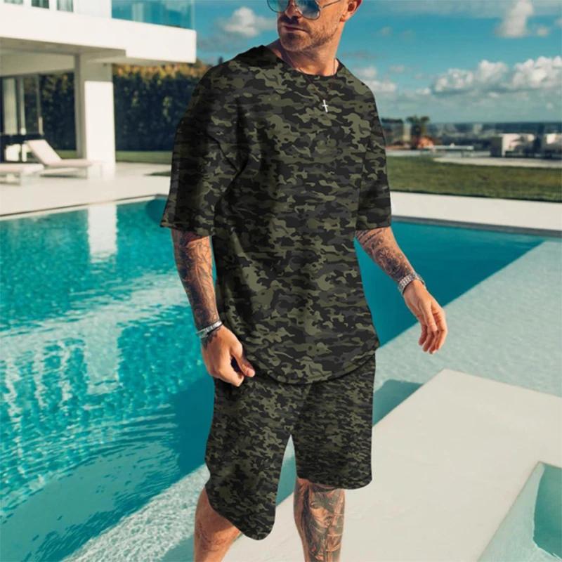 Trening Camuflaj Pictură 3D Trening Set Tricou Mânecă Scurtă Modă Streetwear Pantaloni Scurți 2 Piese Îmbrăcăminte Sport Îmbrăcăminte Bărbați