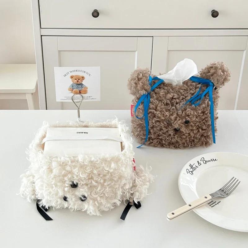Nordic Style Plush Cartoon Dog Shape Napkin Boxes Solid Color Issue Bag Thread Napkin Holder Tissue Bag Storage Napkins
