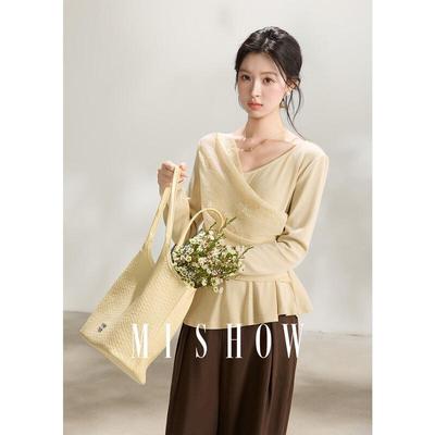 Mishow Damen V-Ausschnitt Spitze Patchwork Langarm T-Shirt