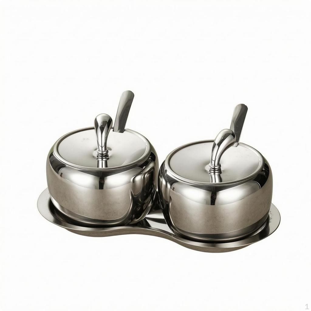 Stainless Steel Seasoning Container Set with Tray DustResistant ThreeCompartment Condiment Holder
