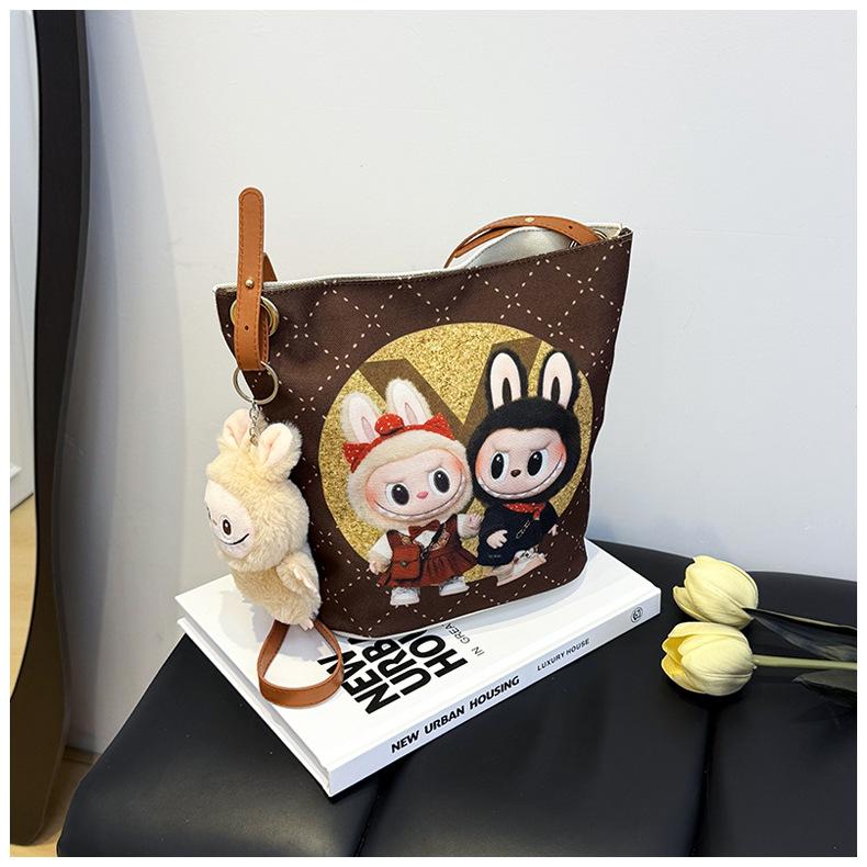 Korean Cartoon Labubu Crossbody Canvas Women's Bag Large Capacity Student Commuting To Class Embroidered Shoulder Bag Bucket Bag