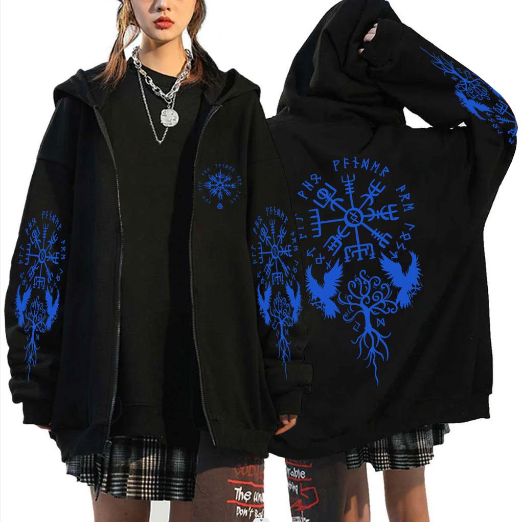 Viking Runic Compass Graphic Zipper Hoodie Men Women Casual Zip Up Sweatshirt Men s Gothic Rock Oversized Zip Up Jacket S