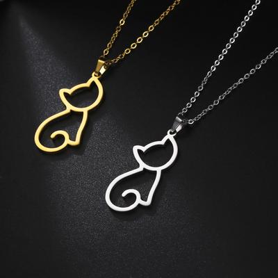 Cat Necklace for Women Stainless Steel Geometric Style Cute Chic Hollow Out Cat Pendant Necklaces Animal Jewelry Gifts for Cat Lovers