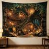 Imaginative tapestry with motifs of old trees and libraries tree root house books stairs warm lamp wall hanging beautiful fabric