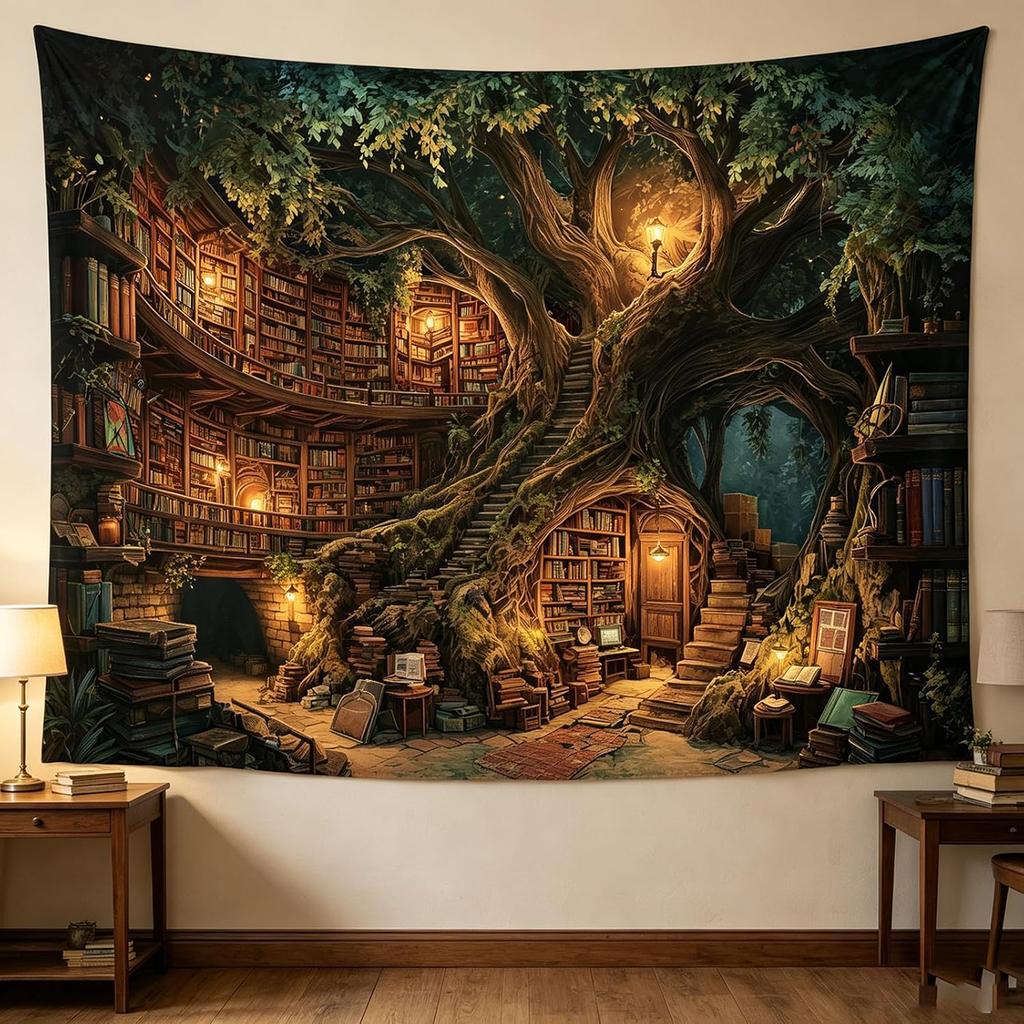 Imaginative tapestry with motifs of old trees and libraries tree root house books stairs warm lamp wall hanging beautiful fabric