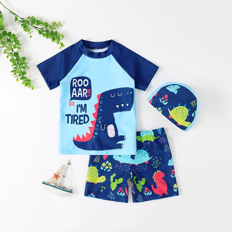 Boys' Dinosaur Print Three-Piece Swimsuit Set (2025) - Short Sleeve