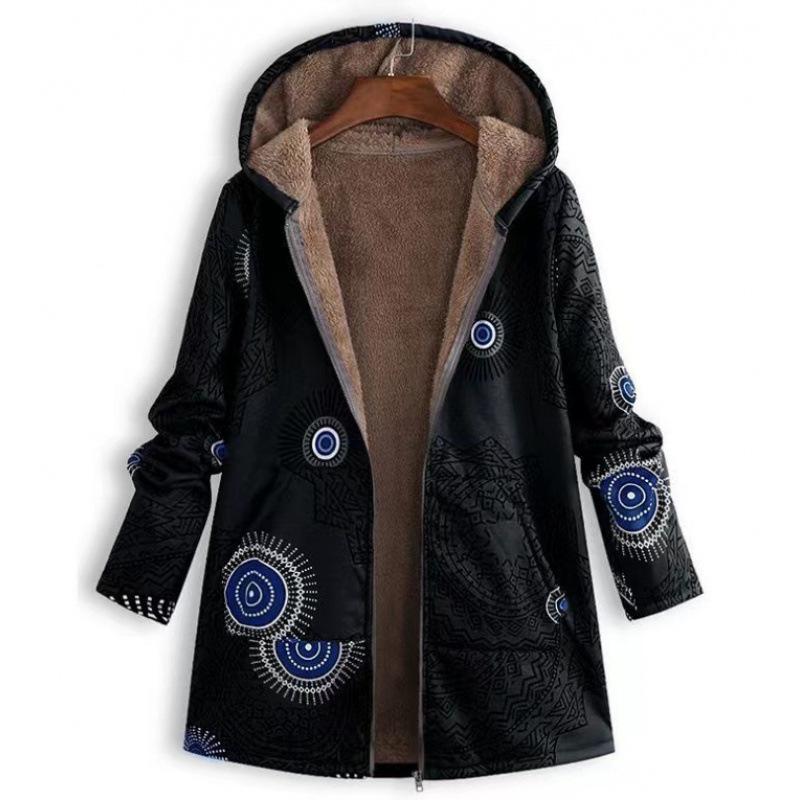 Jacket series casual printing cotton and linen printing plush inner hooded zipper women's clothing new
