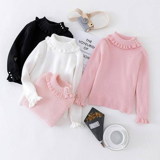 2023 Baby Girl Beaded High Neck Fleece Lined Sweater Shirt