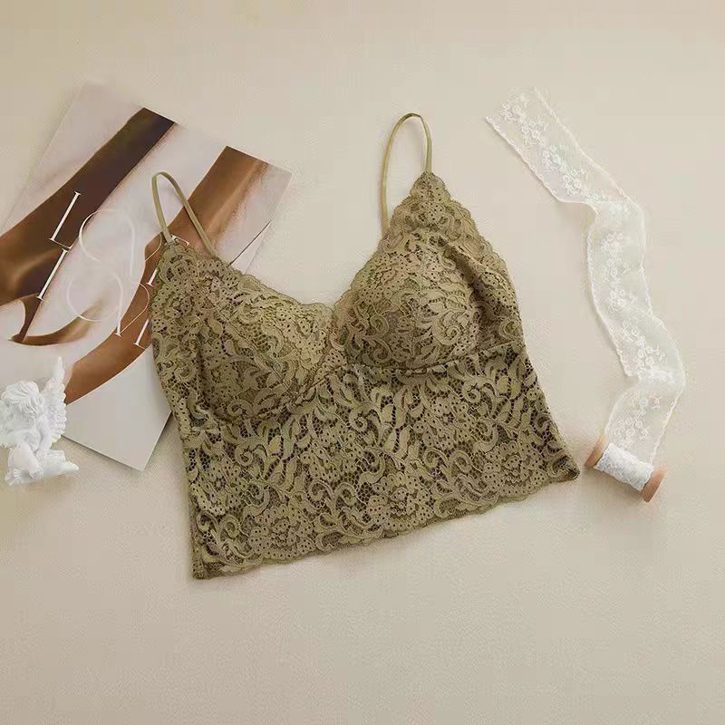 

Beautiful back sling vest with French lace thin shoulder chest wrap tube top fixed with chest pad integrated triangle cup 38/85abc [recommended 62.5-72.5kg ] зелений