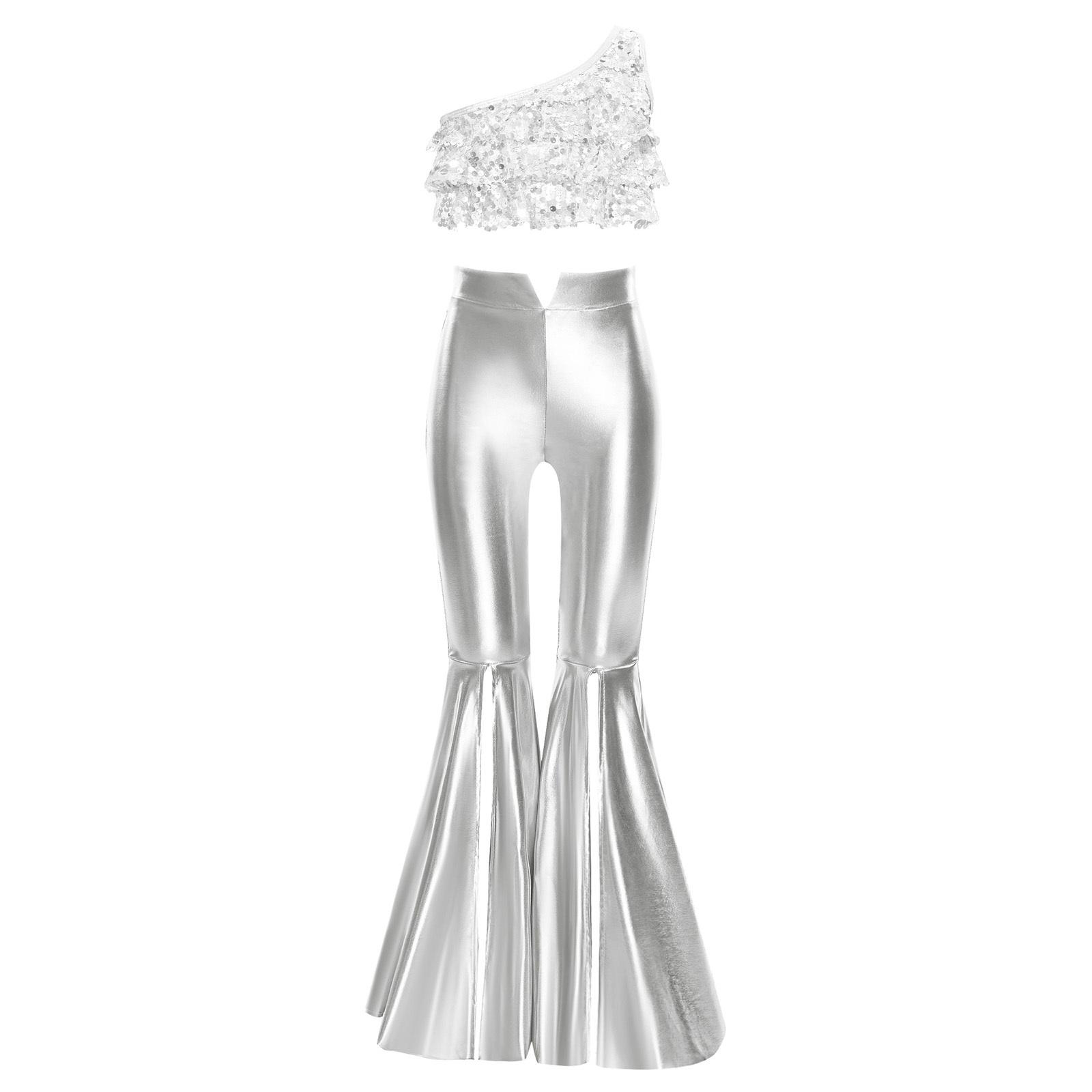 Set per Esibizione sul Palco per Ragazze: Crop Top Monospalla Lucido con Paillettes e Volant a Strati Senza Maniche con Pantaloni Metallic a Zampa d'Elefante Spaccati 11-12 Years