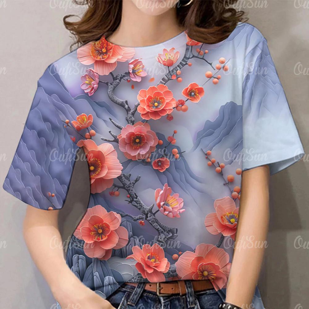Casual Hawaiian style shirt - Flower print round neck women's T-shirt