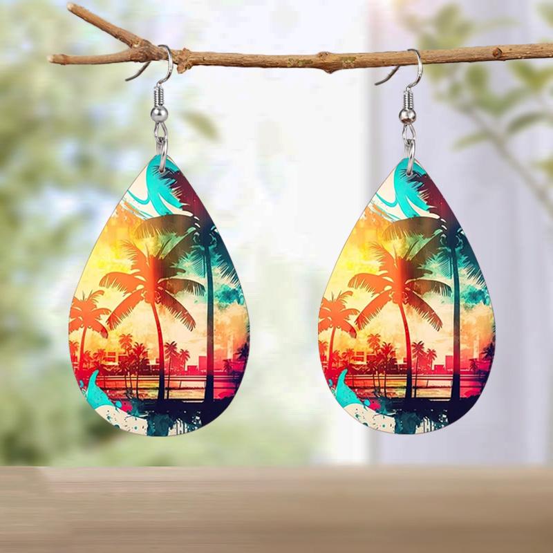 Colorful Dusk Sunset Coconut Tree Artificial Leather Earrings for Women Reversible Pattern Lightweight Teardrop Earrings