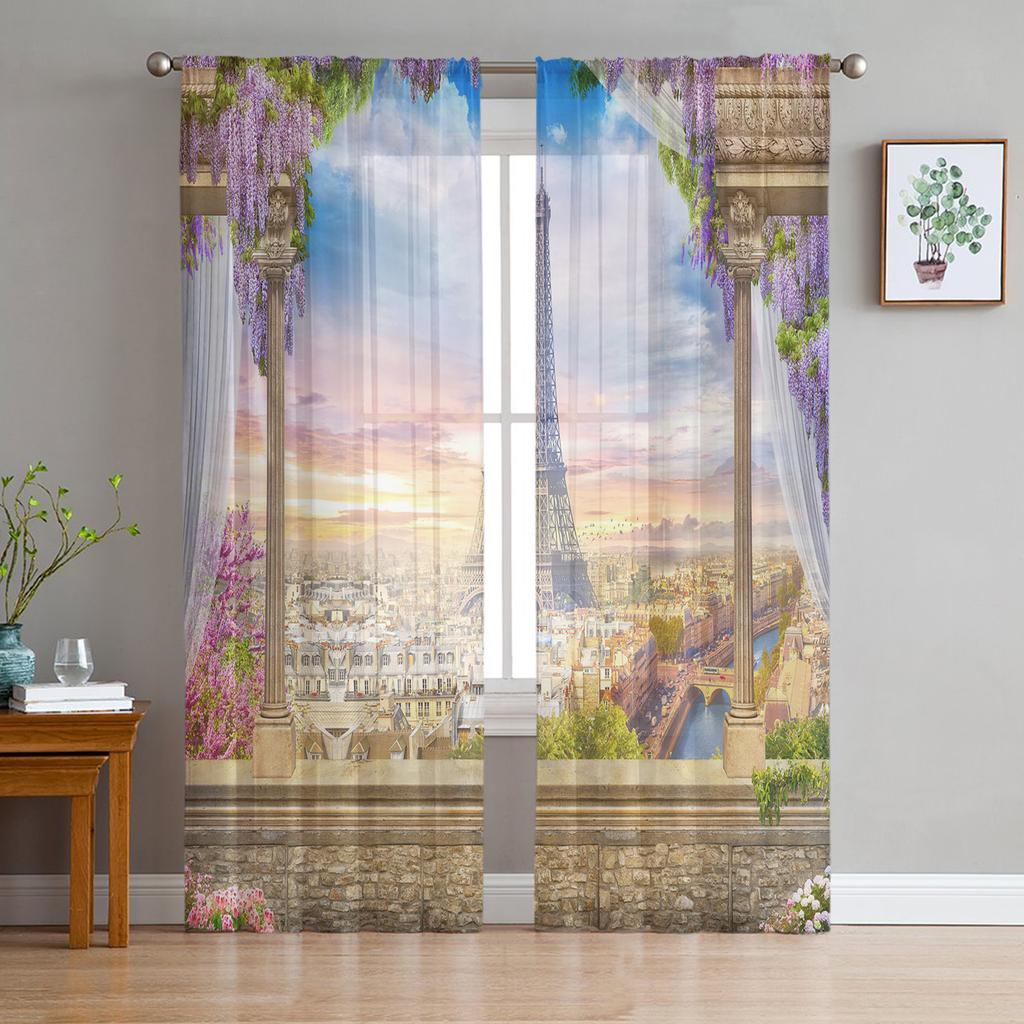 Paris Frankreich Stadtbild mit Eiffelturm Sonnenuntergang Chiffon transparente Vorhänge für Wohnzimmer Schlafzimmer Fenster Voiles Tüll Vorhang