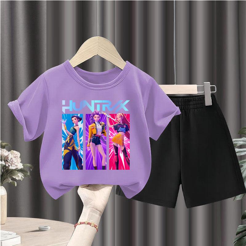 Summer Children Casual T Shirt Sets K POP Cartoon Printed Girls Short Sleeve Top and Shorts Two Piece Suit Kids Fashion Outfits