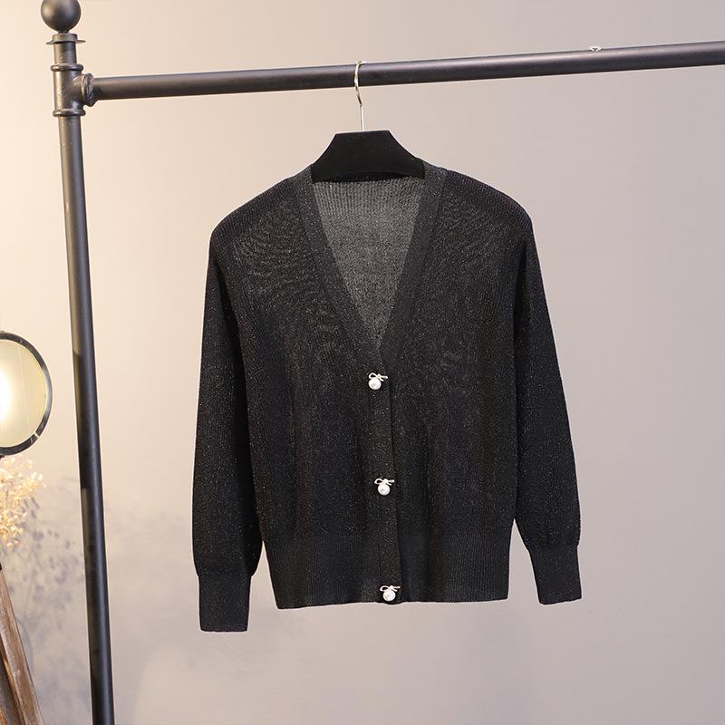 Women's Fashionable V-Neck Silk Knit Jacket - Lightweight, Short, Loose, Versatile, & Bright Sunscreen Shawl.