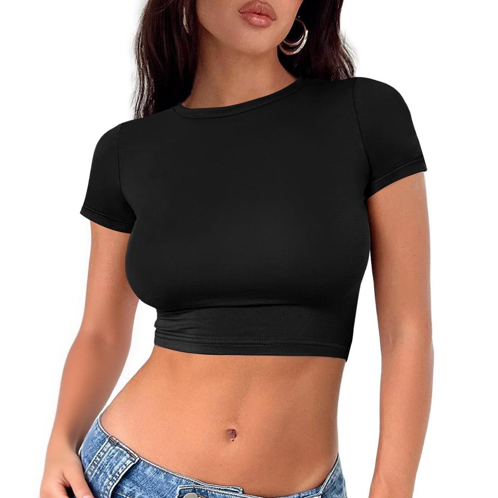 Damenmode Rundhals Halskette T-Shirt Slim Einfarbig Kurzarm Top