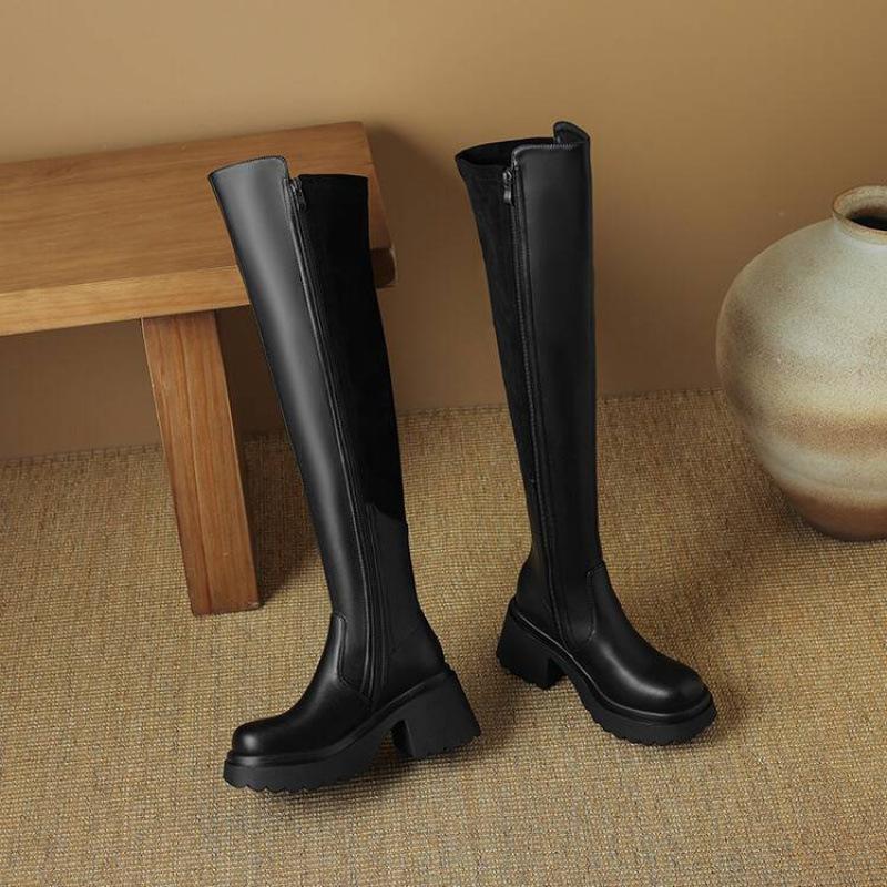 Korean version suede high-heeled large-size women's boots comfortable side zipper solid color square-heeled thick-soled leather boots non-slip autum