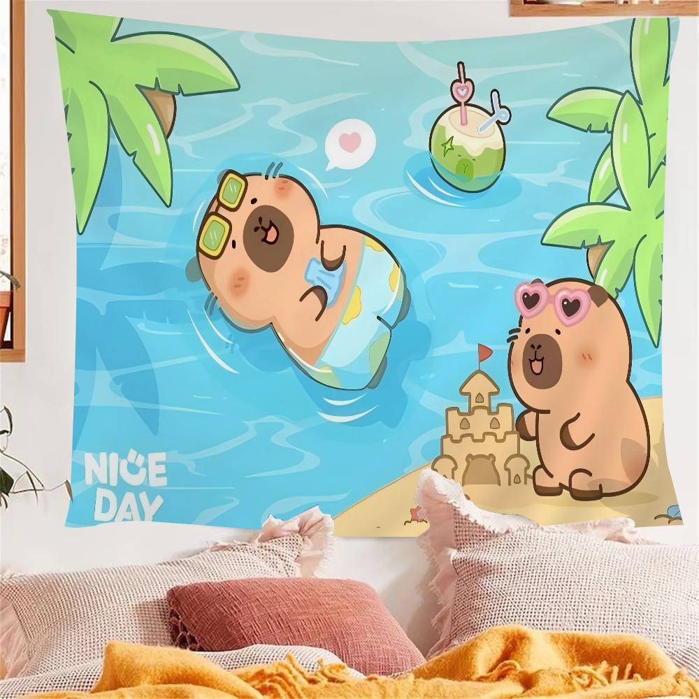 Süße Capybara Cartoon Sommer Wandteppich Kunstdruck Japanischer Wandbehang Anime Wandbehang Heimdekoration