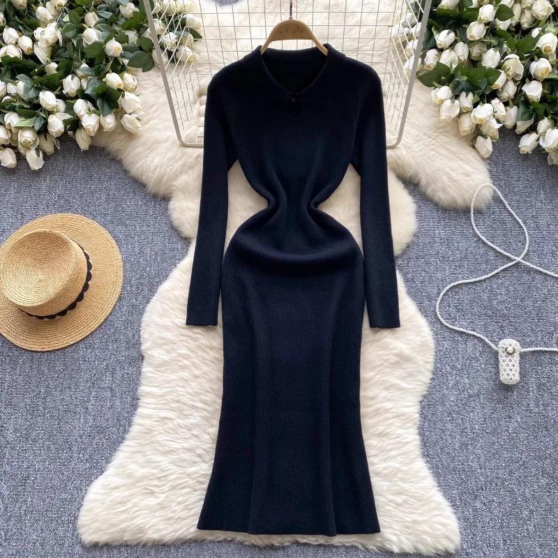 

Вінтажний стиль Vestidos Femme Зимова сексуальна в’язана трикотажна сукня з довгими рукавами та талією з вирізаним дизайном One Size чорний