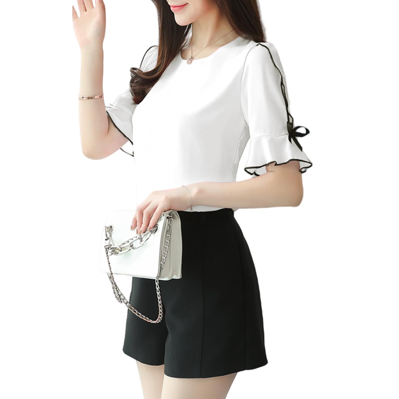 

Short Sleeve Cuff Cut and Sewn Summer Body Dress Commuting [Merelop Ceto] Women s Blouse, Shirt, Spring/Summer Top, Ribbon, T-Shirt, Clothes, белый