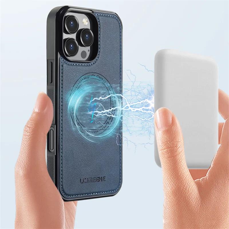 Leather Magnetic Phone Case for iPhone 17 Air 16 15 14 13 12 Pro 11 XS Max XR 8 7 Plus SE 17E 16E Wireless Charging Cover Etui