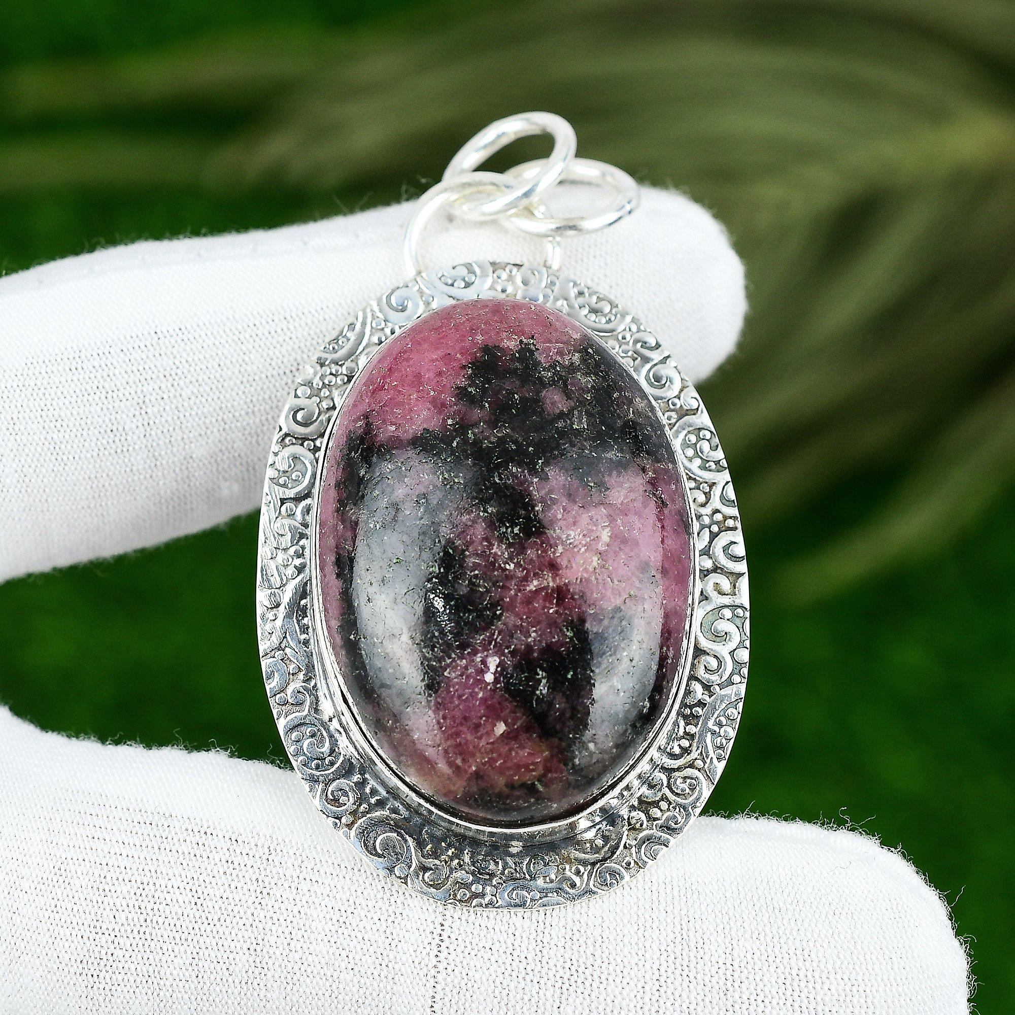Серебро 925 пробы Овальный Родонит Камень Свадебное Сердечная Чакра День Рождения Мать Кулон