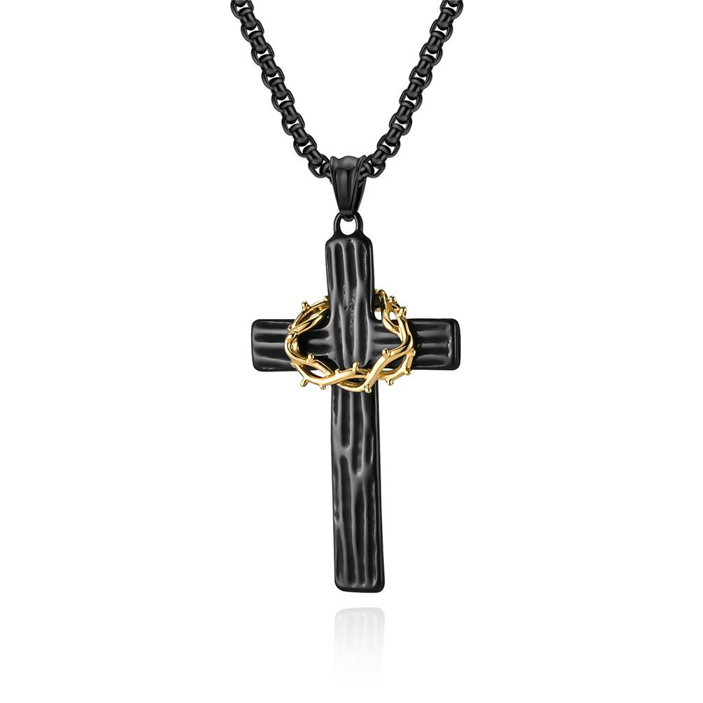 Retro Titanium Steel Wreath Cross Necklace Two Tone Wood Grain Stainless Steel