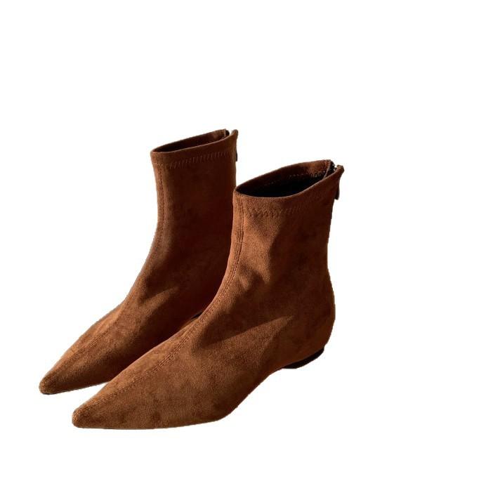 2025 autumn and winter new European and American retro simple matte suede flat socks boots thin boots temperament pointed short boots women