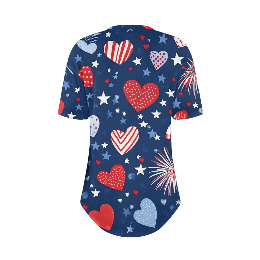 Short Sleeve Womens Tops Summer T-Shirts Print V Neck Casual Basic Tee Button Shirts Tunic Tops Independence Day