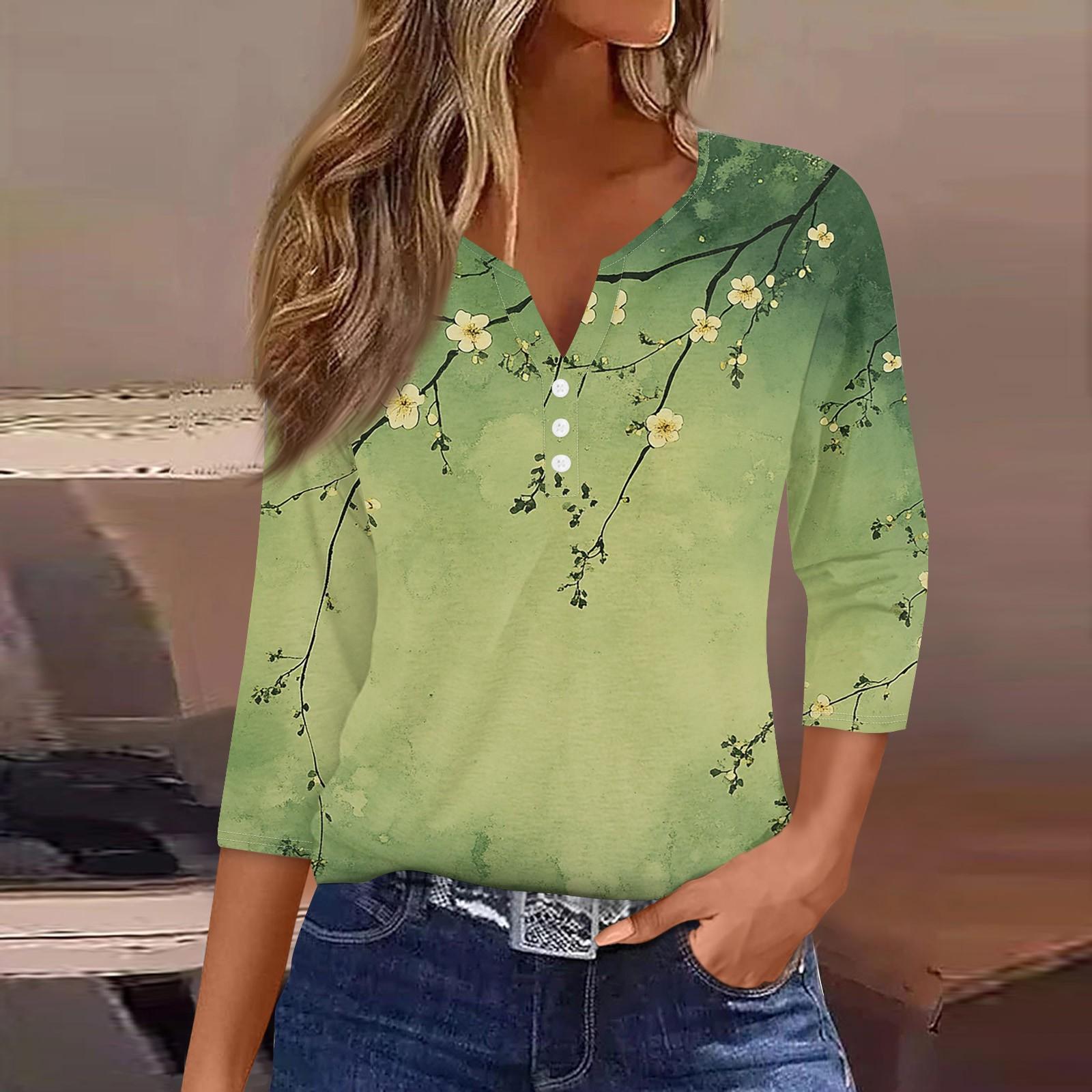 

Женская модная повседневная футболка с v-образным вырезом и декоративными пуговицами, рукавом три четверти, с цветочным принтом, топ M зелёный