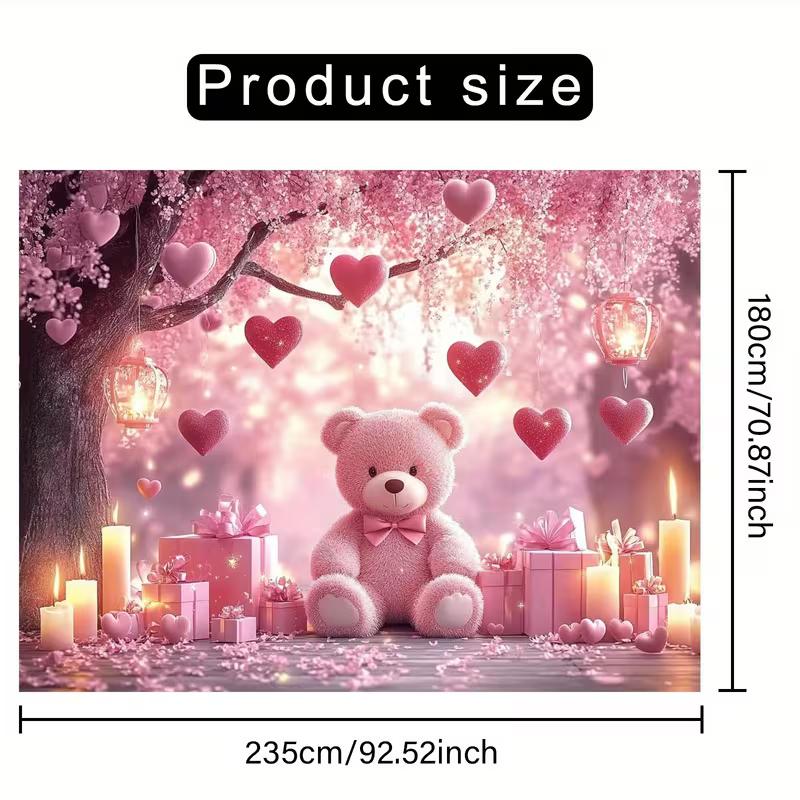 2D Girls Teddy Bear Backdrop, Pink Bear with Hearts & Candles Photography Background for Birthday