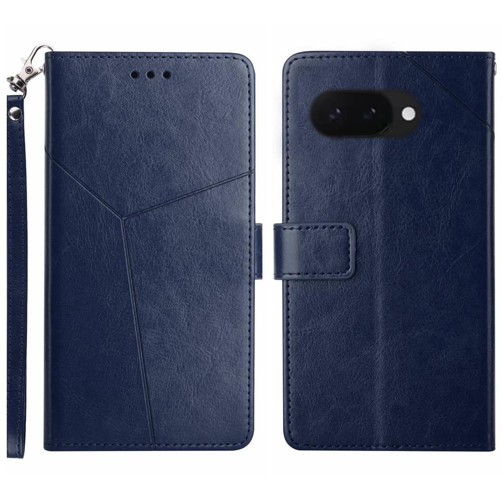 For Google Pixel 9a Case with Wrist Strap Y Shaped Lines Imprint Leather Phone Cover