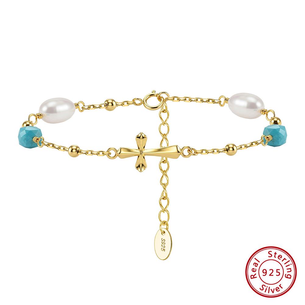 Effie Queen 925 Sterling Silver Natural Turquoise Bracelet Trend Turquoise Freshwater Pearl Charm Bracelet Energy Jewelry MPB23