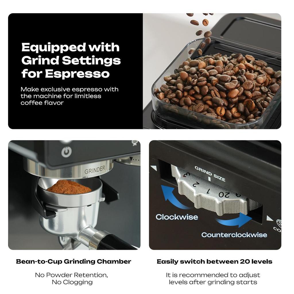 HiBREW Ekspres do kawy H20 Espresso 1350W 20Bar z wbudowanym młynkiem, spieniaczem do mleka, 20-stopniową regulacją mielenia, zbiornikiem na wodę 1,8L