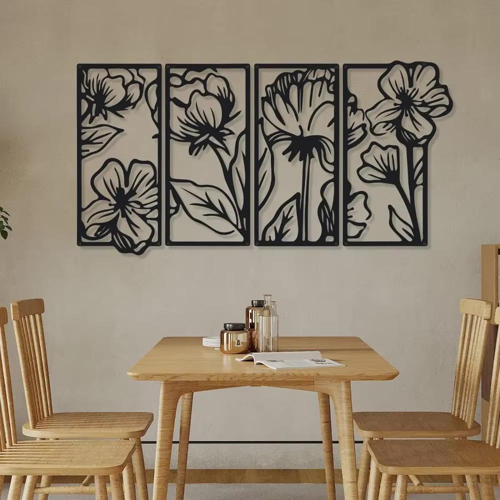 4-Piece Stunning Metal Floral Line Art: Minimalist Home Decor for Living Room & Beyond.Minimalist Line Art.