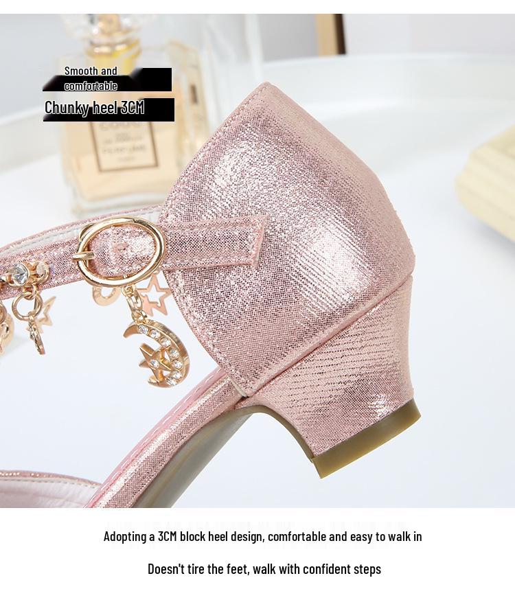 Girls' Crystal Sequin Princess Sandals 2025 - Summer High Heels with Hollow Design