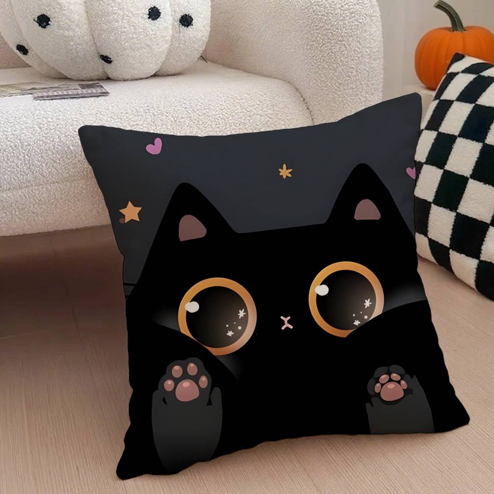 Cute Cartoon Little Black Cat Pillow Case Anti-dustmite Pillowcase Invisible Zipper Silky Short Plush Sofa Cushion Cover
