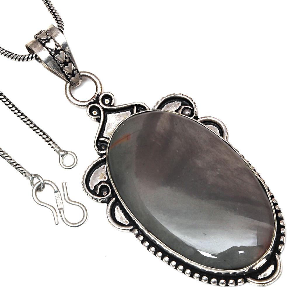Pendant Polygram Jasper Gemstone Valentine'Day Gift Silver Jewelry 2.75"